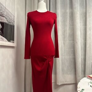 Reformation Bold Red Chic Long Sleeve Dress With Twist Detail